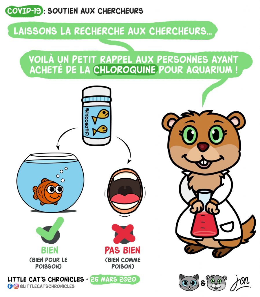 dessin humoristique des Little Cat’s Chronicles sur l’épidémie de Covid-19 et les intoxications à la chloroquine pour aquarium