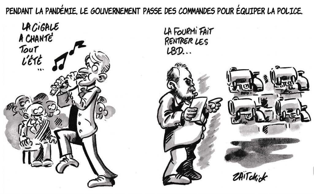 dessin de Zaïtchick sur l’épidémie de coronavirus et la commande d’équipements pour la police