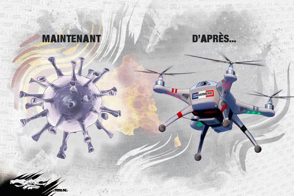 dessin d’actualité humoristique de Jerc sur l’épidémie de Covid-19 et la surveillance du monde d’après
