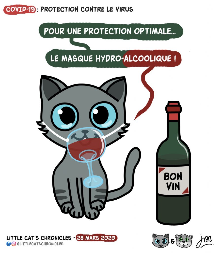 dessin humoristique des Little Cat’s Chronicles sur l’épidémie de Covid-19 et la protection par les masques et le gel hydroalcoolique