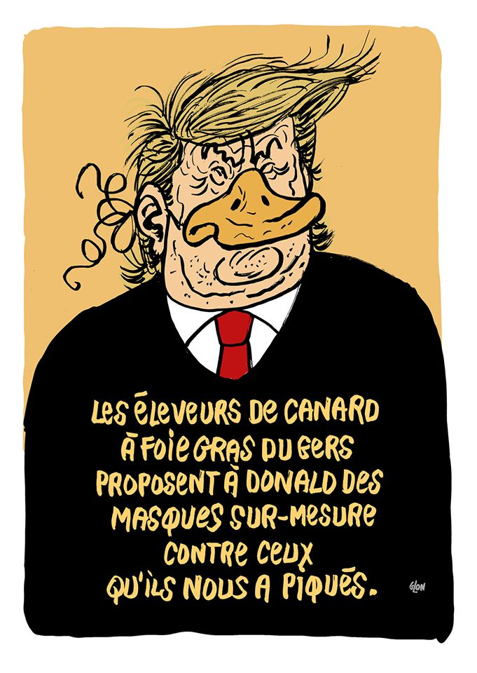 dessin humoristique de Glon sur l’épidémie de Covid-19 et le braquage de masques destinés à la France par les États-Unis