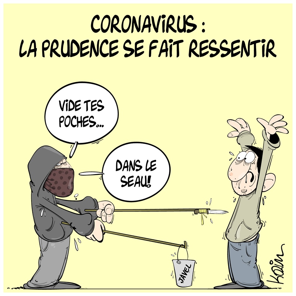 dessin d’actualité humoristique de Karim sur l’épidémie de Covid-19, la délinquance et la poursuite des agressions au couteau