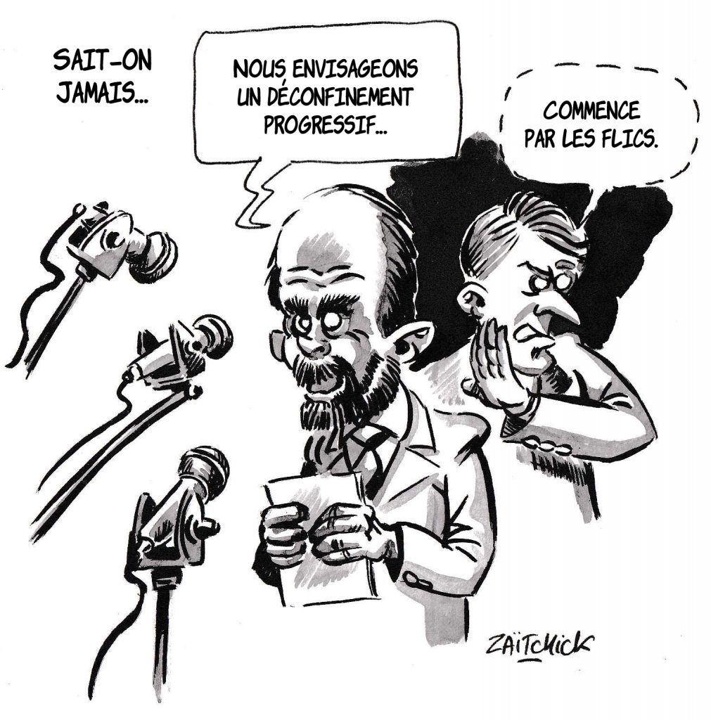 dessin de Zaïtchick sur l’épidémie de coronavirus et le déconfinement progressif annoncé par Édouard Philippe