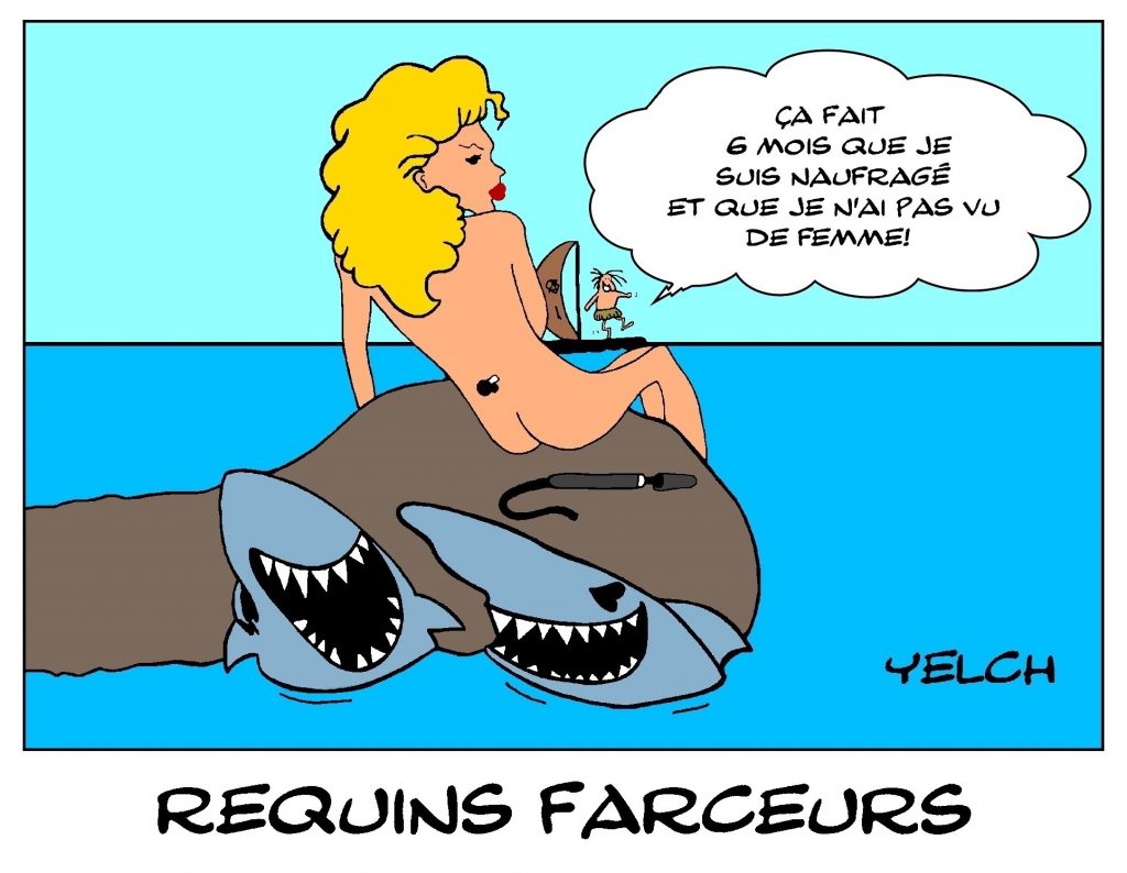 dessin de Yelch sur des requins farceurs et un naufragé