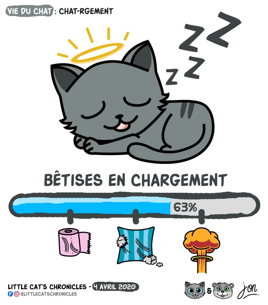 dessin humoristique des Little Cat’s Chronicles sur le chargement des bêtises pendant le sommeil du petit chat