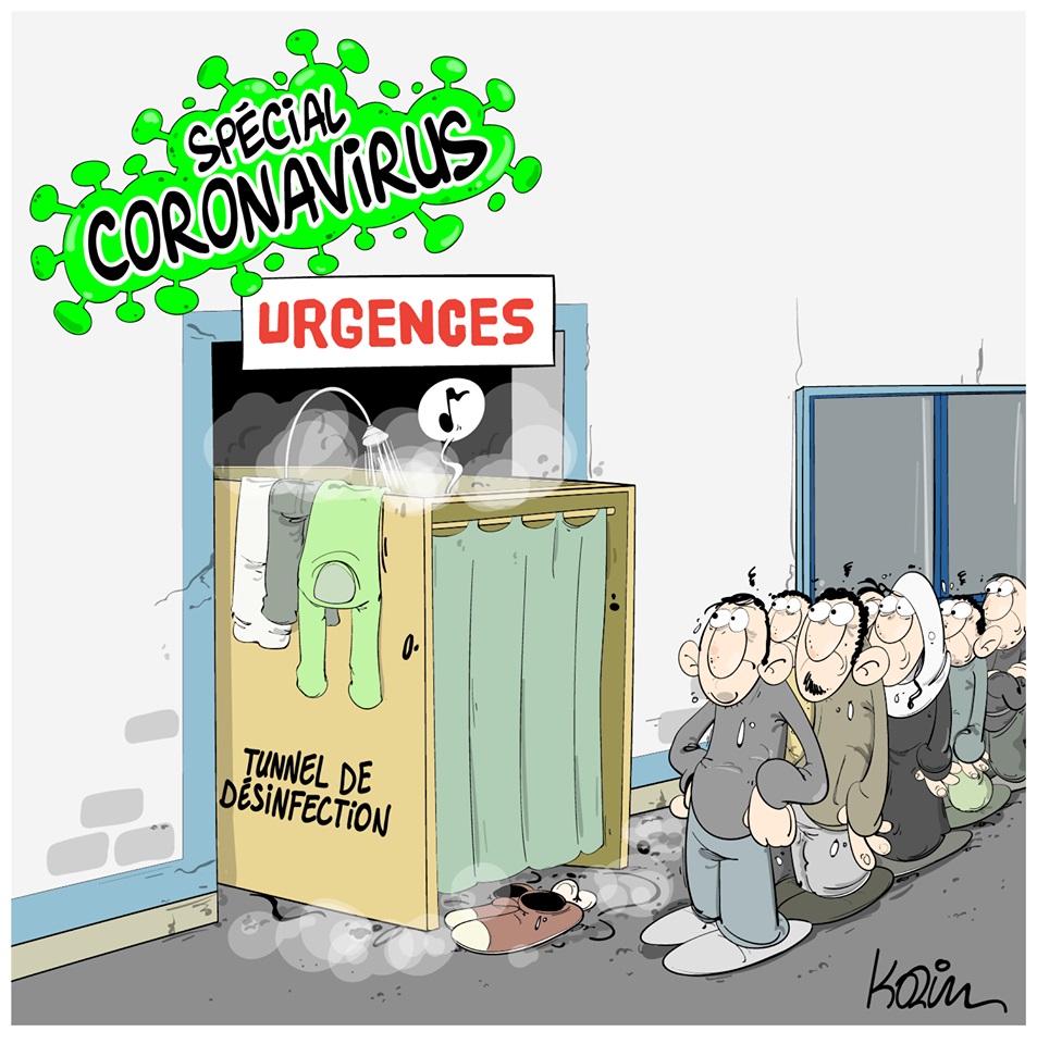 dessin d’actualité humoristique de Karim sur l’épidémie de Covid-19 et la désinfection dans les hôpitaux
