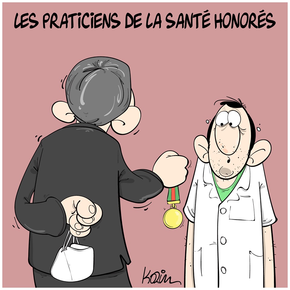 dessin d’actualité humoristique de Karim sur l’épidémie de coronavirus et les honneurs rendus aux professionnels de santé démunis