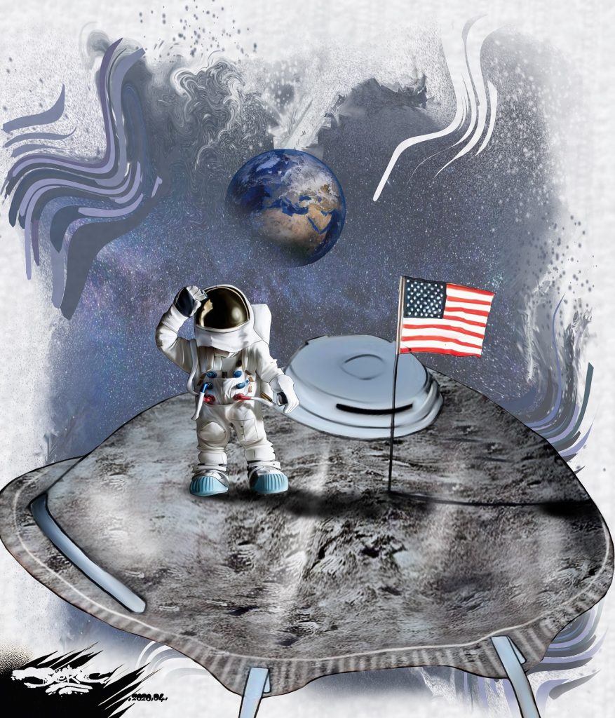 dessin d’actualité humoristique de Jerc sur l’épidémie de Covid-19, les masques de protection et le premier pas sur la Lune