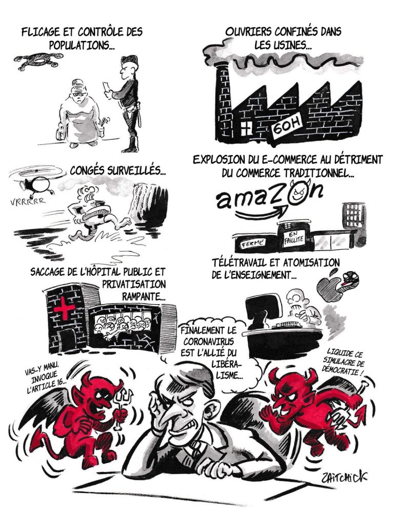 dessin de Zaïtchick sur l’épidémie de coronavirus et les démons d’Emmanuel Macron