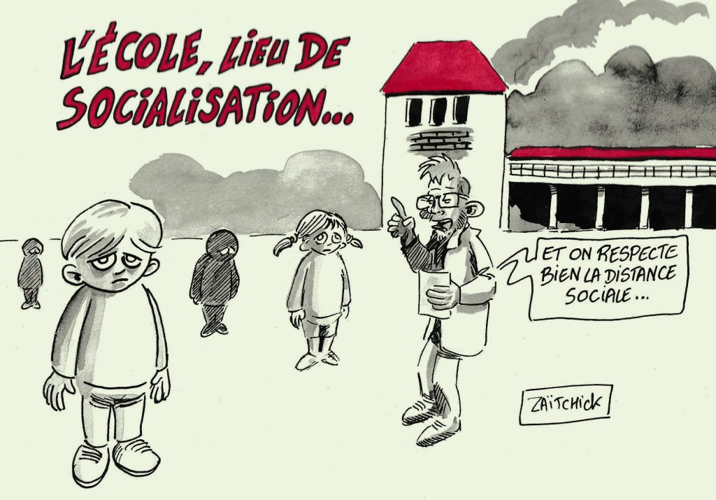 dessin de Zaïtchick sur le déconfinement et le respect de la distance sociale dans les écoles