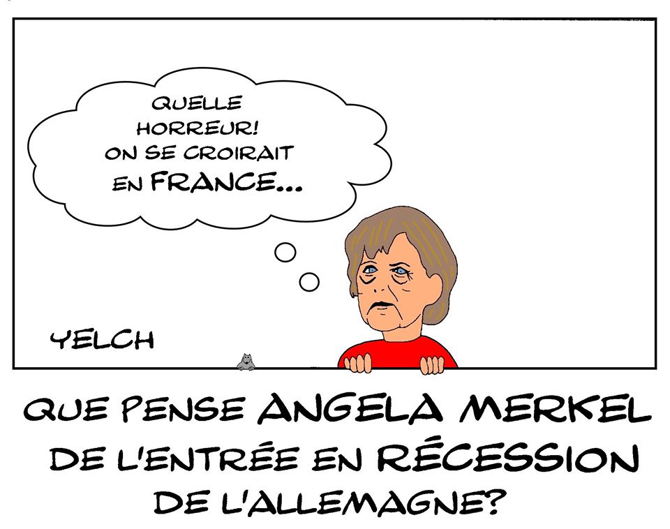 dessin de Yelch sur le coronavirus et l’entrée en récession de l’Allemagne vue par Angela Merkel