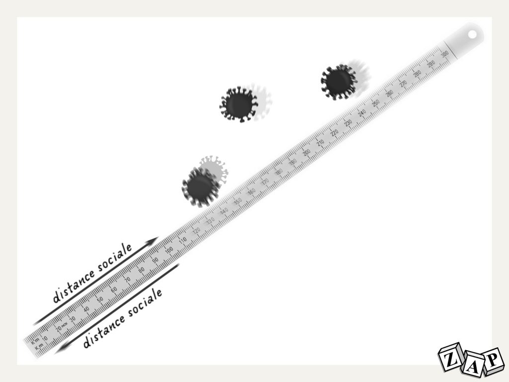 dessin d'actualité de Zap sur le déconfinement et l’autorisation de se déplacer dans une limite de 100 kilomètres