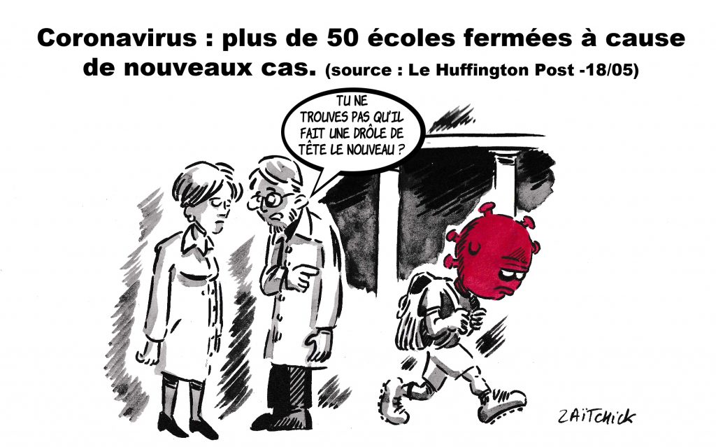 dessin de Zaïtchick sur la fermeture d’écoles suite à de nouveaux cas de contamination