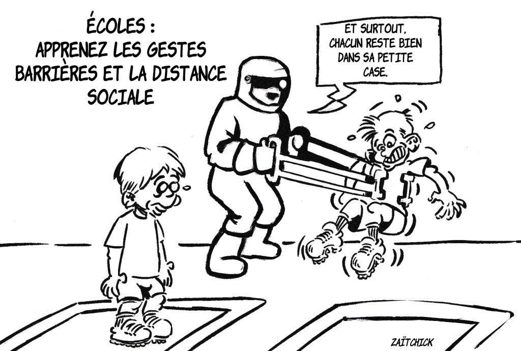 dessin de Zaïtchick sur le déconfinement et le respect de la distance sociale dans les écoles