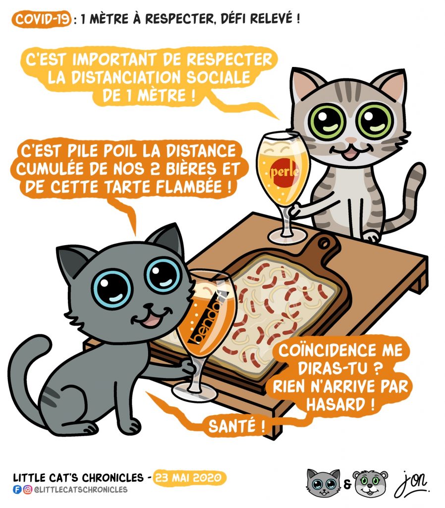 dessin humoristique des Little Cat’s Chronicles sur le déconfinement et la distanciation sociale en Alsace