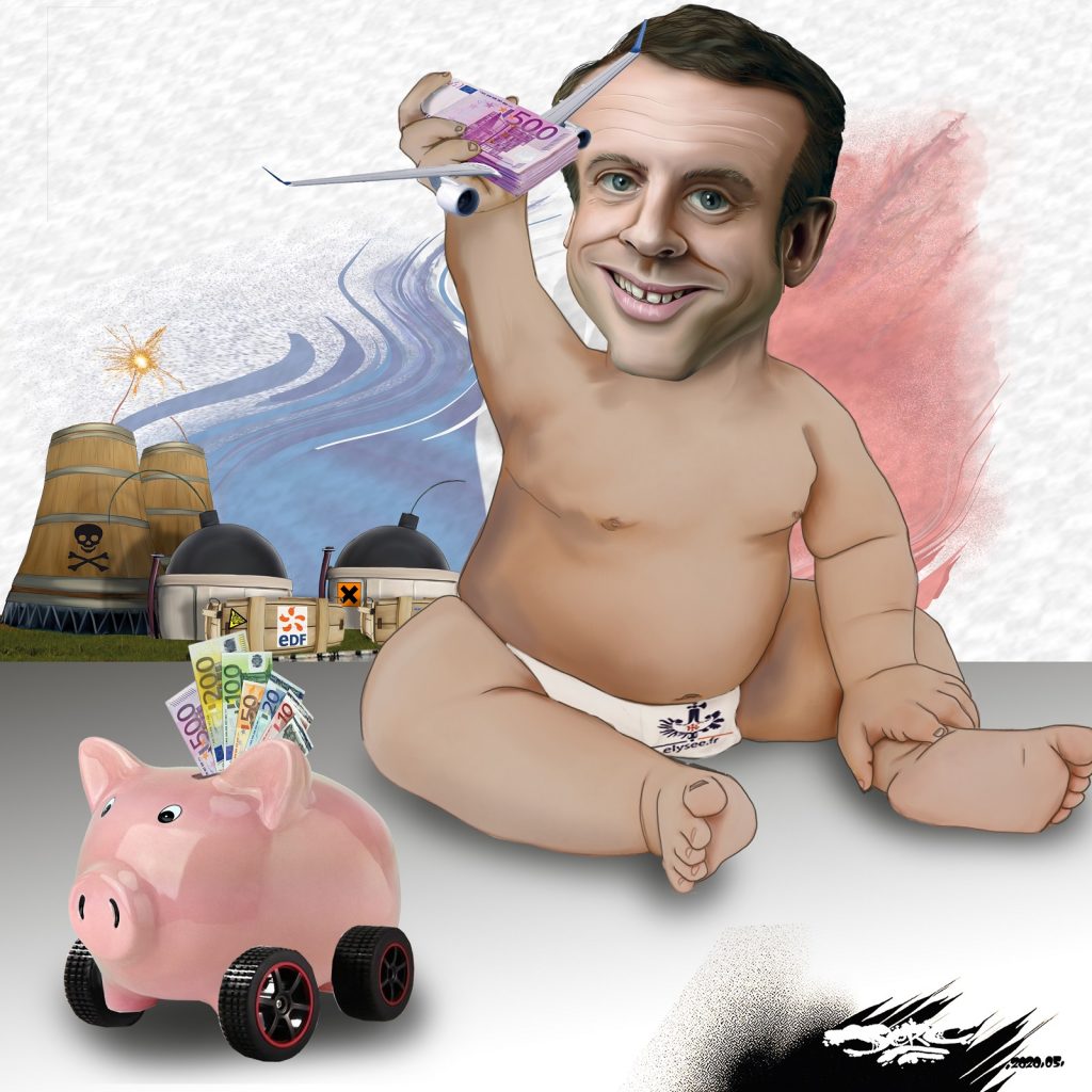 dessin d’actualité humoristique de Jerc sur la relance de l’industrie préparée par Emmanuel Macron