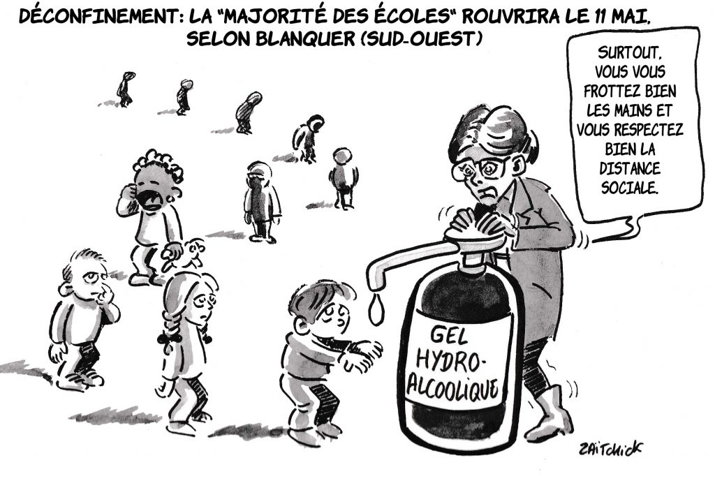 dessin de Zaïtchick sur le déconfinement progressif et la réouverture des écoles le 11 mai