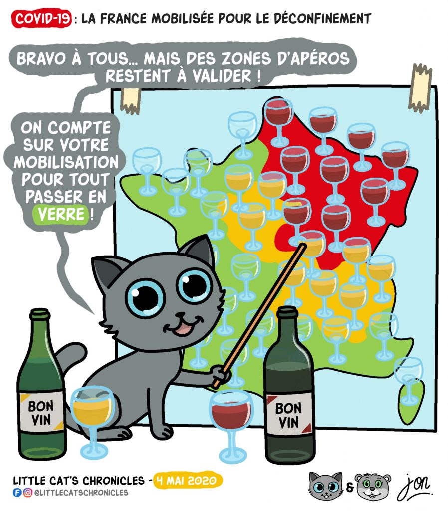 dessin humoristique des Little Cat’s Chronicles sur le déconfinement par zones de couleur