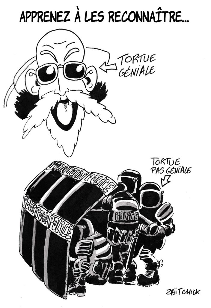 dessin de Zaïtchick sur les forces de l’ordre et Tortue Géniale