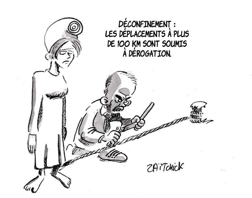 dessin de Zaïtchick sur le déconfinement et la limite de déplacement