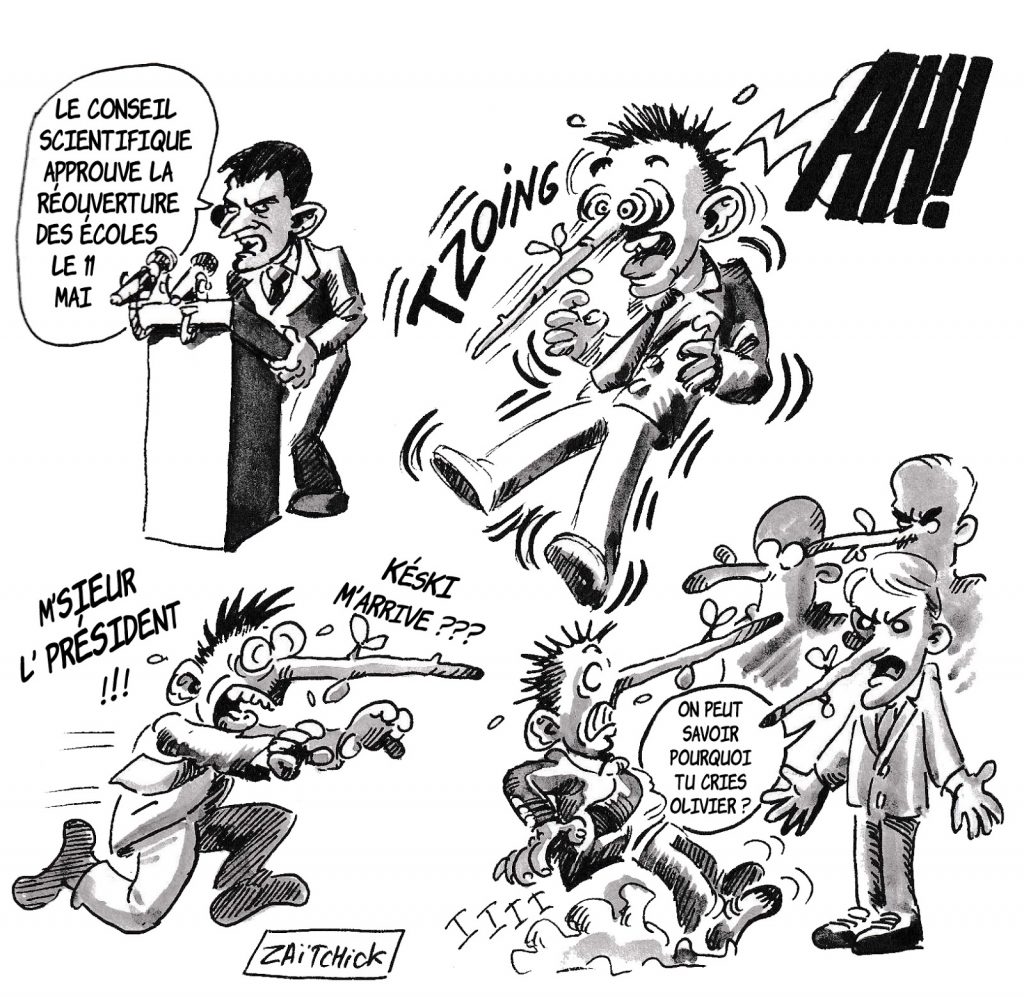 dessin de Zaïtchick sur le discours officiel autour du déconfinement