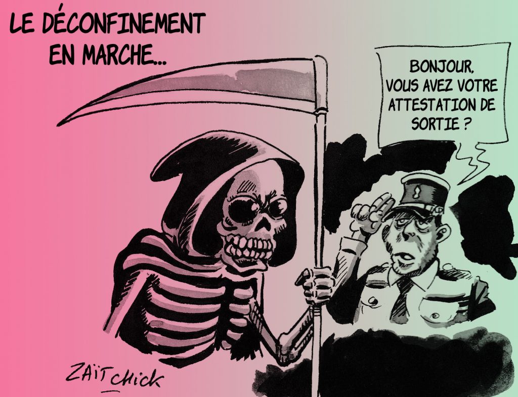 dessin de Zaïtchick sur le déconfinement en marche et la mort