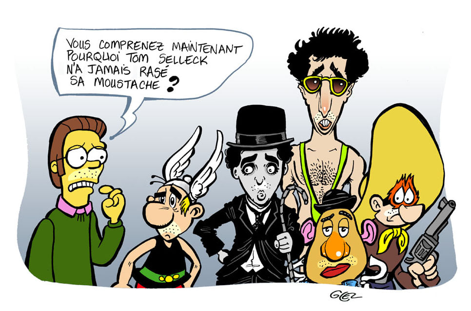 dessin humoristique de Glez sur la moustache de Tom Selleck