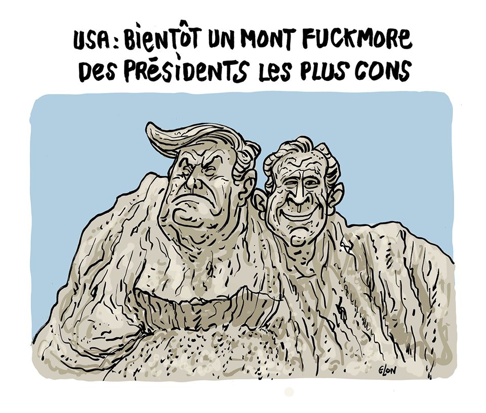 dessin humoristique de Glon sur le Mont Rushmore et les présidents américains les plus cons