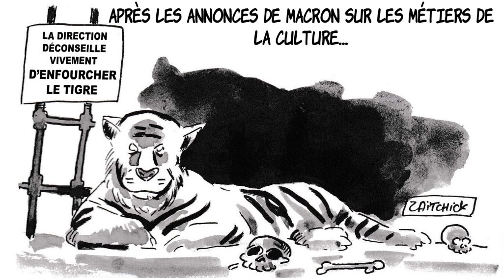 dessin de Zaïtchick sur le déconfinement et les annonces d’Emmanuel Macron pour la culture
