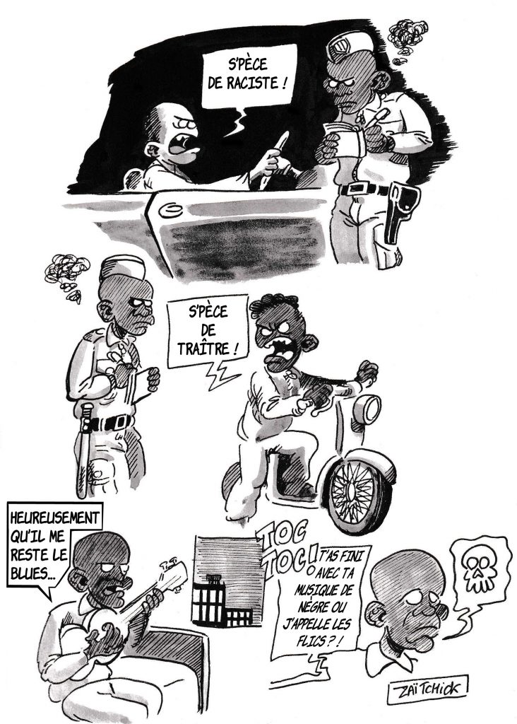 dessin de Zaïtchick sur la discrimination des policiers racisés