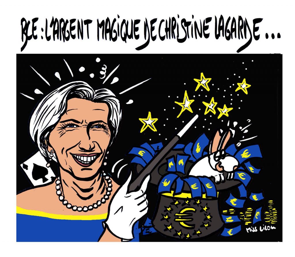 dessin de Miss Lilou sur le coronavirus et l’argent magique de la Banque Centrale Européenne