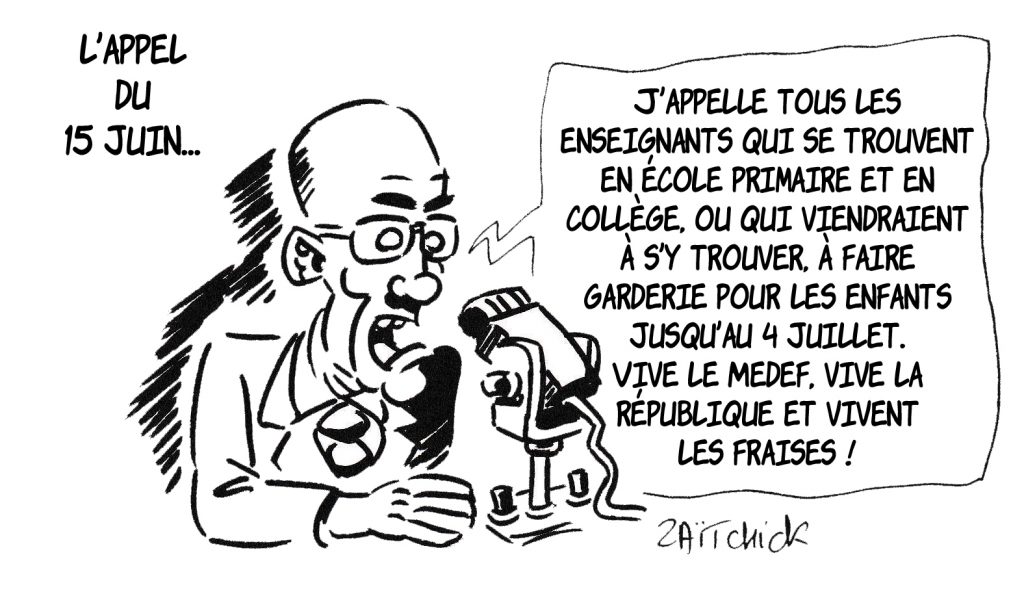 dessin de Zaïtchick sur la décision de retour total à l’école le 22 juin