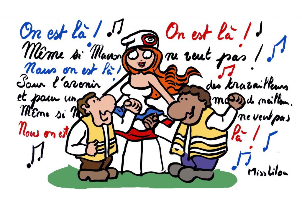 dessin de Miss Lilou sur la fête de la musique du 21 juin et les gilets jaunes