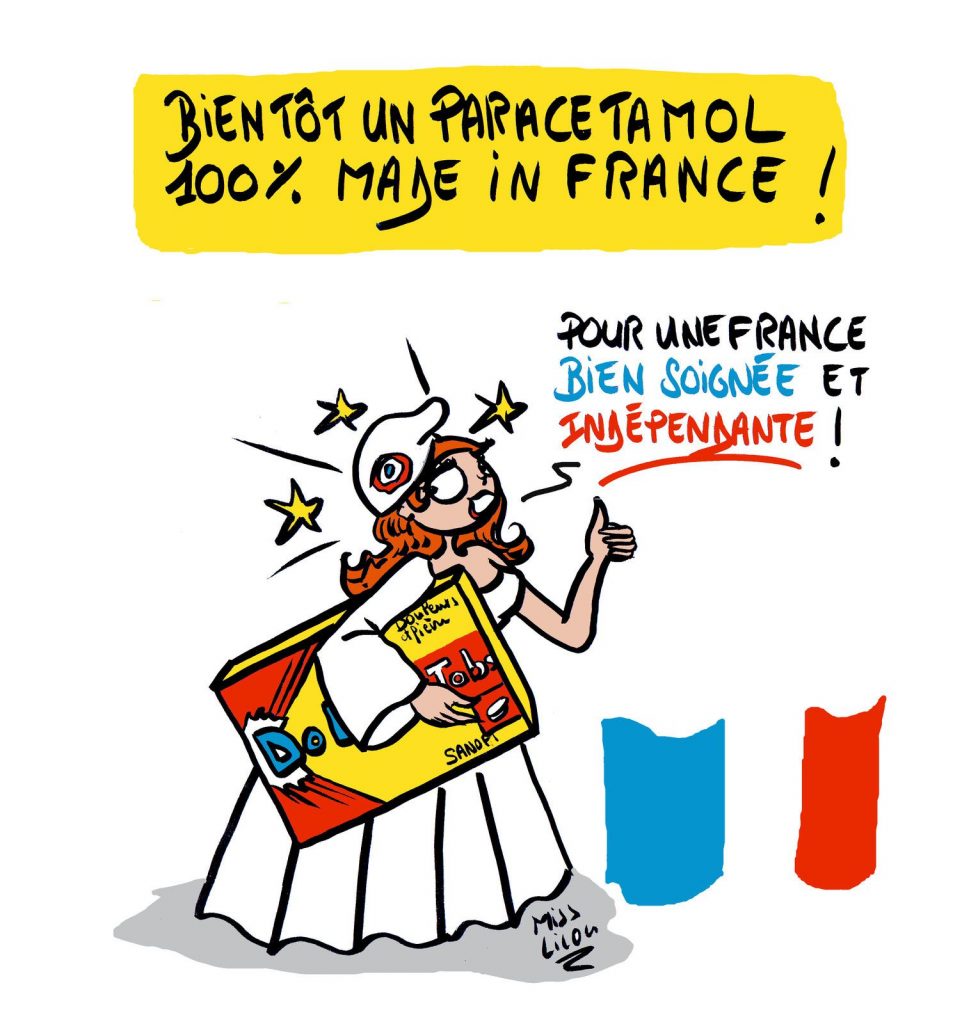 dessin de Miss Lilou sur la relocalisation de la production de Paracétamol