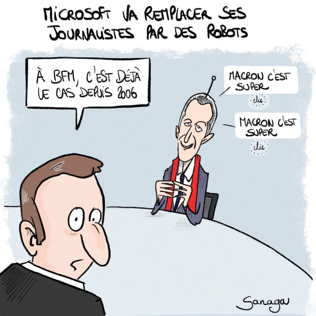 dessin d'actualité de Sanaga sur Microsoft et sa volonté de remplacer les journalistes par des robots