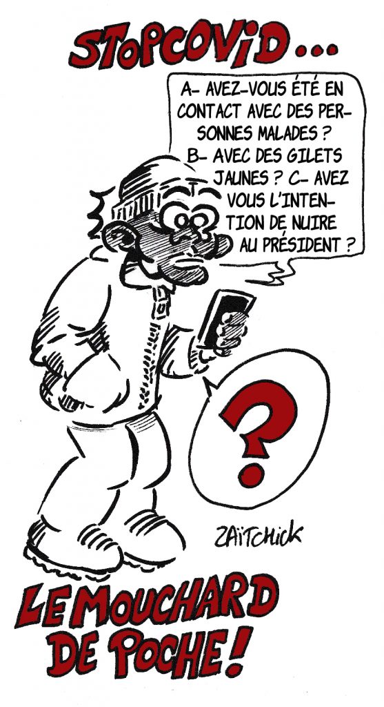 dessin de Zaïtchick sur le déconfinement et l’application mobile StopCovid