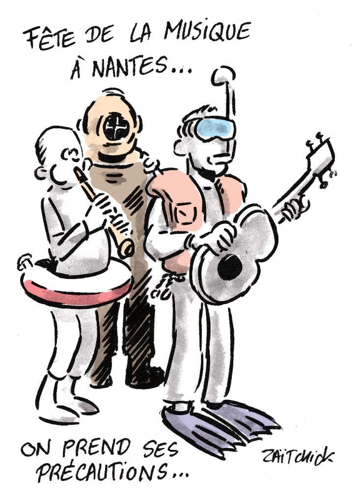 dessin de Zaïtchick sur la fête de la musique à Nantes et la noyade de Steve Caniço