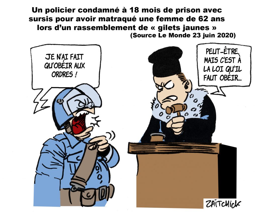 dessin de Zaïtchick sur la condamnation d’une policier pour violence sur une femme de 62 ans