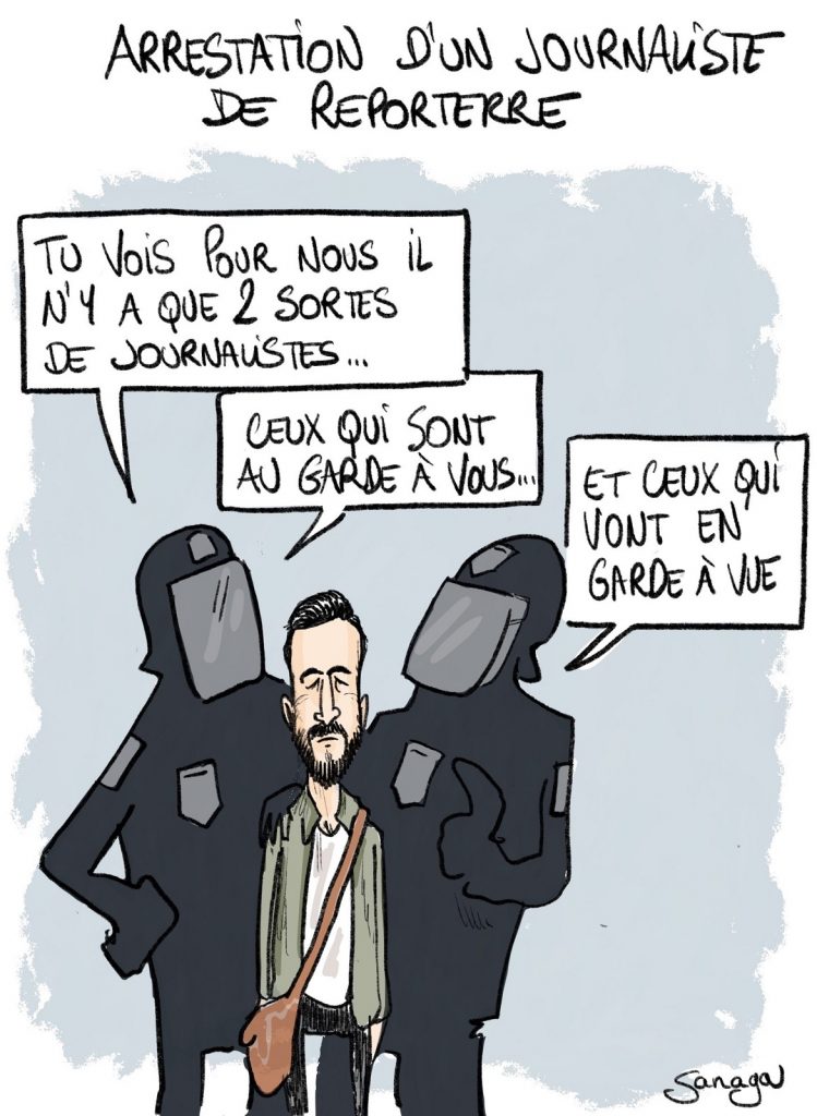 dessin d'actualité de Sanaga sur l’arrestation d’un journaliste de Reporterre lors du blocage de l’aéroport d’Orly