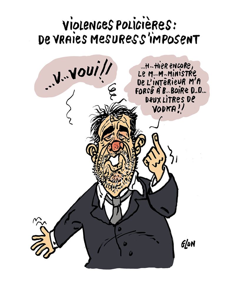 dessin humoristique de Glon sur les violences policières en France et Christophe Castaner