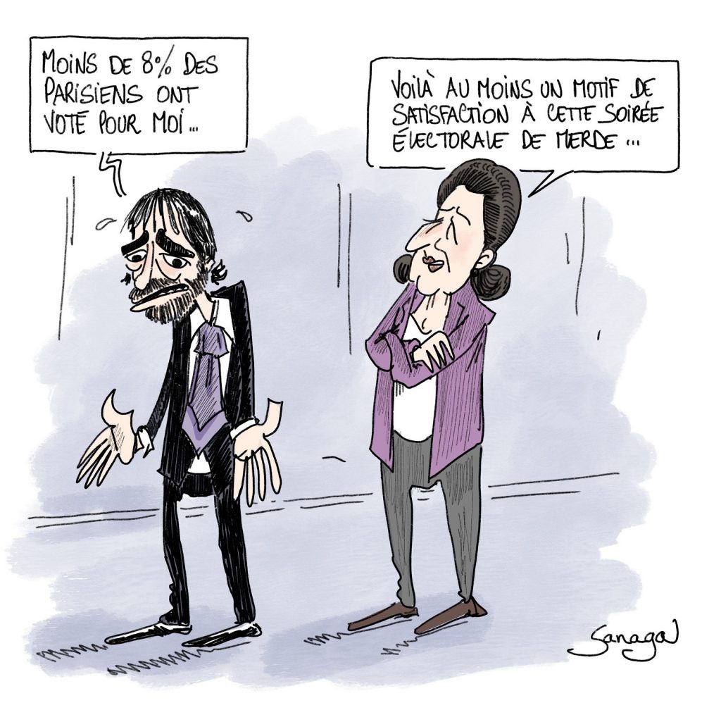 dessin d'actualité de Sanaga sur les élections municipales à Paris et les scores d’Agnès Buzyn et Cédric Villani