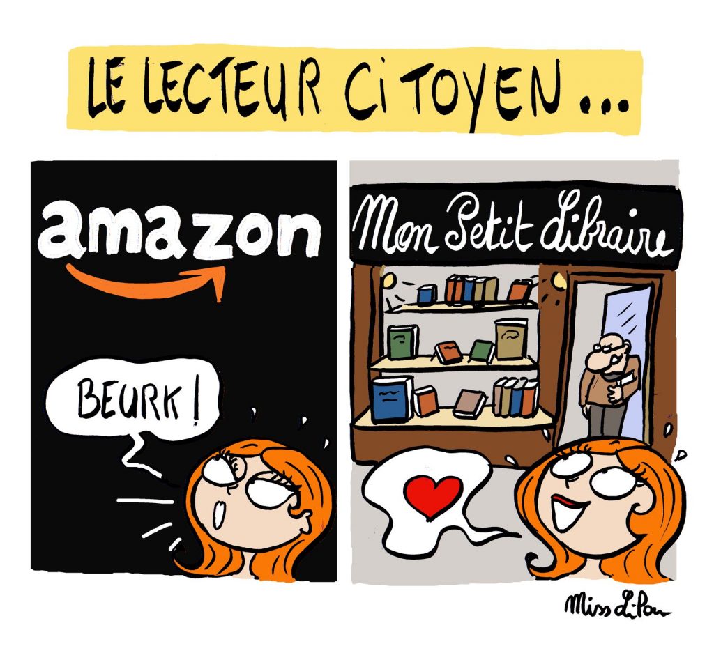 dessin de Miss Lilou sur les petits libraires menacés par Amazon