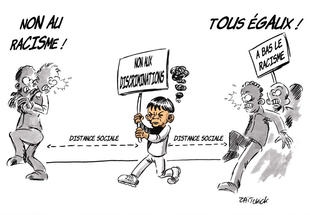 dessin de Zaïtchick sur le coronavirus, le déconfinement, les manifestations anti-racisme et la distanciation sociale