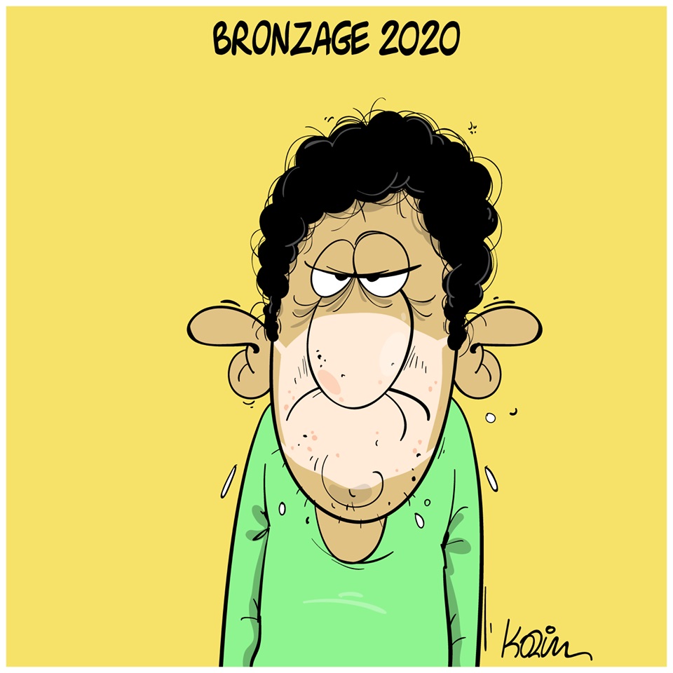 dessin d’actualité humoristique de Karim sur le coronavirus, le bronzage et le port du masque de protection