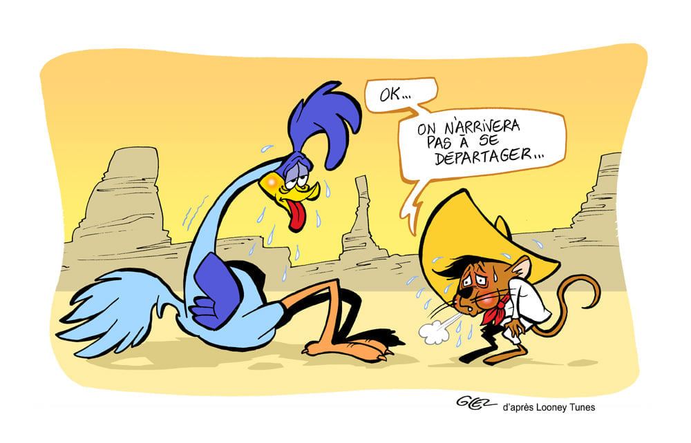 dessin humoristique de Glez sur les Looney Tunes et les courses de Bip Bip et Speedy Gonzales