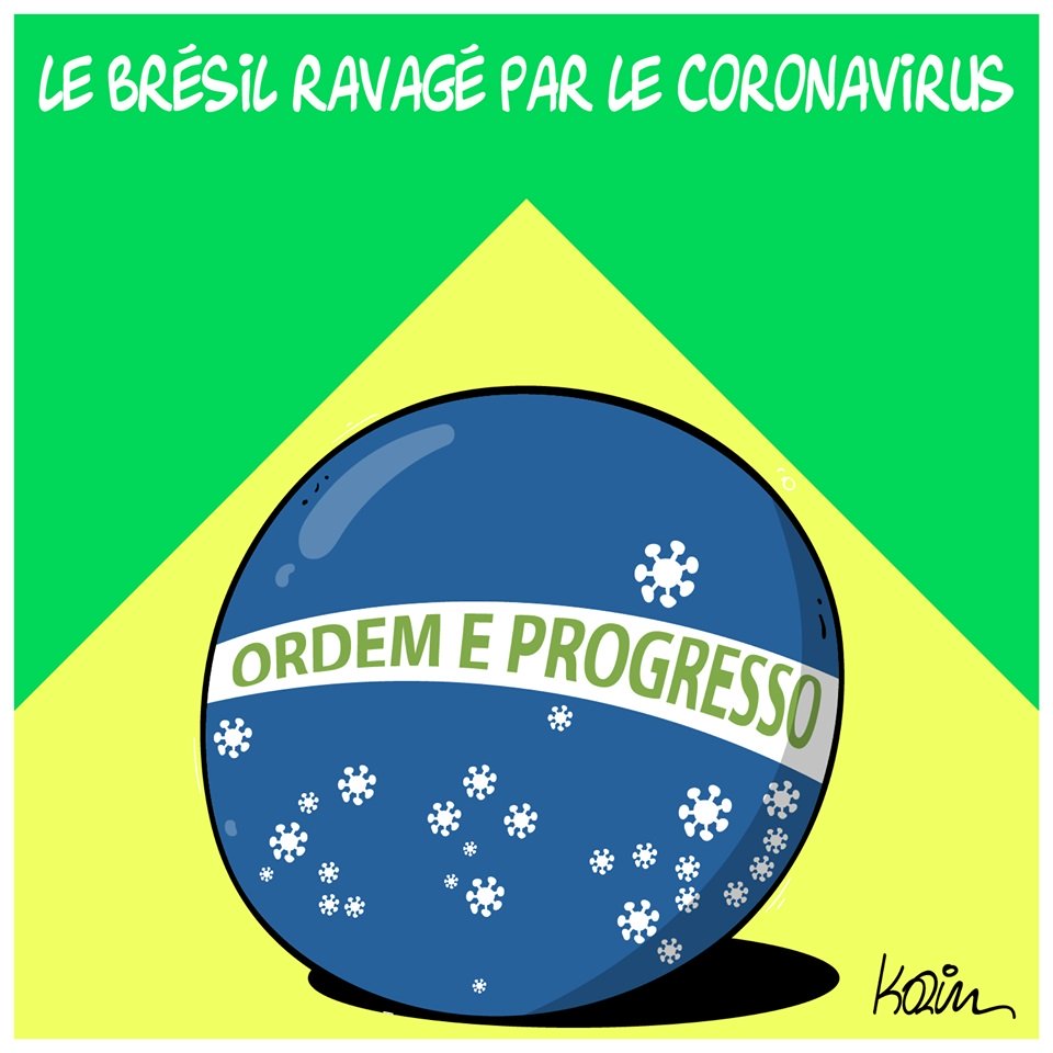 dessin d’actualité humoristique de Karim sur le coronavirus et ses ravages au Brésil