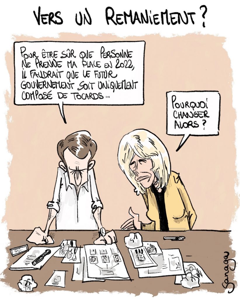 dessin d'actualité de Sanaga sur Emmanuel Macron et le futur remaniement du gouvernement