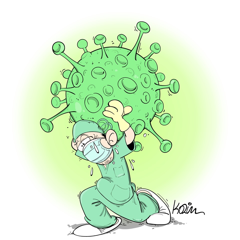 dessin d’actualité humoristique de Karim sur le coronavirus et les soignants face à l’épidémie