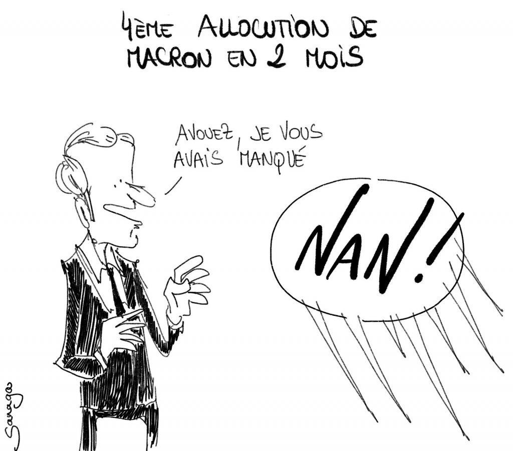 dessin d'actualité de Sanaga sur la communication présidentielle et l’intervention d’Emmanuel Macron le 14 juillet 2020
