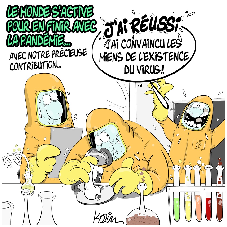 dessin d’actualité humoristique de Karim sur le coronavirus en Algérie et la difficulté de convaincre le peuple